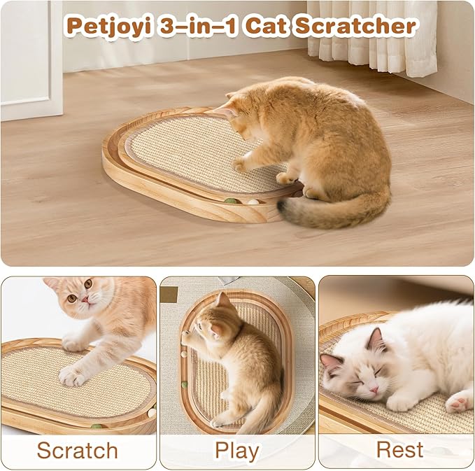 Oval Sisal Cat Scratcher with Ball Track - Woven Sisal Scratching Pad & Interactive Cat Toy, Wooden Track with 3 Toy Balls for Indoor Cats, No Assembly Needed