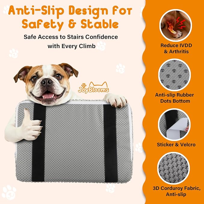 JoyBlooms Dog Ramp for Stairs for Small & Senior Dogs Cats, 40D Density Foam Gentle Slope Non-Slip Dog Stair Ramp with Glow Strip, Pet Ramp with Removable Washable Cover Gray-3pcs