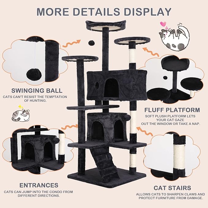 54'' Tall Multi-Level Cat Tree, Furniture With 3 Scratching Posts, 3 Stand Platforms, 2 Condos, Tower With Funny Toys, Corner Tree for Large Cats, Dark Grey