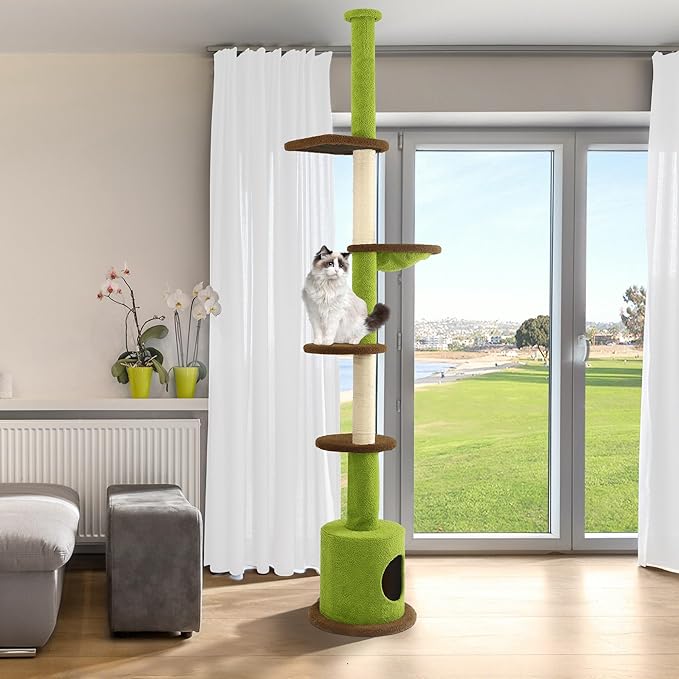 KAMABOKO Floor to Ceiling Cat Tree, Cat Tower 5-Tier Height(88-107 Inches) Adjustable, Tall Cat Climbing Tower with Scratching Post, Cat Cave Condo, Cozy Hammock, and Ball Toy for Indoor Cats