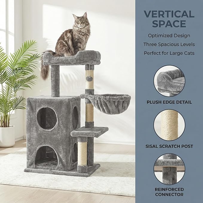 Cat Tree Tower for Indoor Cats, 36-inch Adult Cat Tree House for Large Adult Cats with Steps, Scratching Post, 2 Cat Condo, Dangling Toys, Light Grey