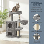 Cat Tree Tower for Indoor Cats, 36-inch Adult Cat Tree House for Large Adult Cats with Steps, Scratching Post, 2 Cat Condo, Dangling Toys, Light Grey