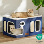 Extra-Wide Cat House for Indoor Cats - Large Cat House for Pet with Fluffy Ball Hanging and Scratch Pad, Foldable Cat Hideaway for Multi Cats, 23x16.5x13 inches, Navy