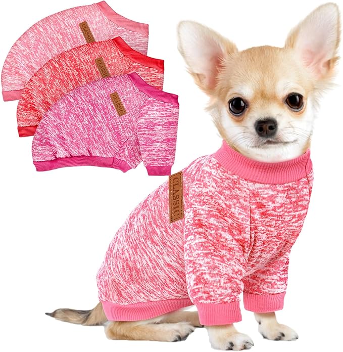 3 Pack Dog Sweaters for Small Dogs Girl Boy Winter Fleece Clothes Warm Soft Dog Sweatshirt Outfit for Dogs Cats Pet Apparel (Rose+Red+Pink, Large)