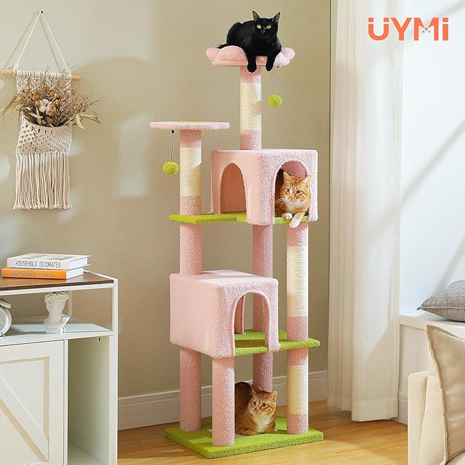 62" Flower Cat Tree for Indoor Cats, Multi-Level Tall Cat Tower with 2 Spacious Condos, Scratching Pad, 4 Cat Scratching Posts, 2 Top Perches, 2 Pompoms, Pink