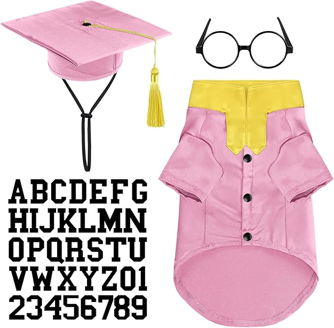 5 Pcs Dog Graduation Costume Set Include 2026 Pet Graduation Gown with Stole Puppy Grad Cap Lensless Glasses DIY Letter Stickers for Dogs Cats Holiday Costume Accessory(Pink Yellow,L)