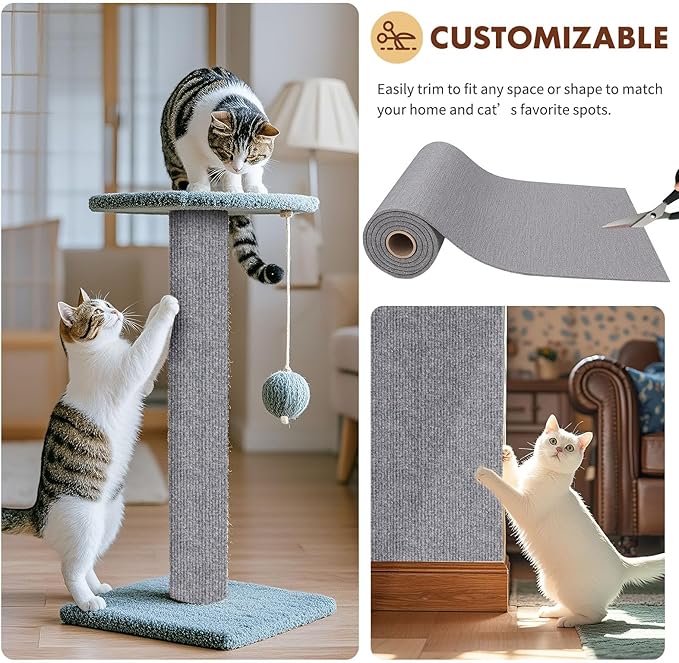 PowerKing Cat Scratch Furniture Protector, 78.7"x15.8" Self-Adhesive Cat Scratch Mat for Couch & Sofa, Trimmable DIY Cat Scratcher Pads for Indoor Cats (Grey)