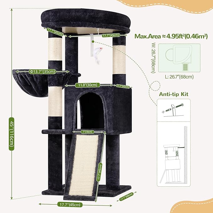 Globlazer 45" Cat Tree for 2-3 Medium Cats, Multi-Level Cat Tower with Scratching Board for Kittens and Senior Cats, Condo & Hammock Space Saving Cat Tower, F45, Dark Grey