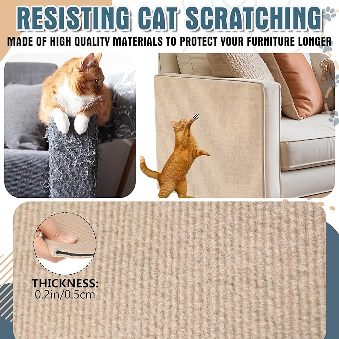 Abbylike 2 Pcs Cat Scratch Furniture Protector 118 x 15.8 in Trimmable Self-Adhesive Couch Protector Cat Scratcher Mat DIY Anti Scratch Pad Covering Climb Mat for Towers Replacement Pad(Khaki)