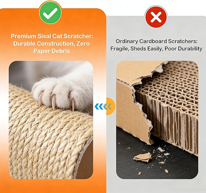 Cat Scratching Post and Cat Mat - 24 Inch Durable Sisal Rope with Interactive Ball, 3-in-1 Scratcher Cardboard Bed for Indoor Kitten to Play, Round-Oval Rest and Scratch (Runway)