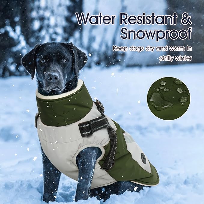 IECOii Large Dog Coat with Harness Built in,Reflective Waterproof Dog Coat for Giant Breeds - Zip Up Fleece Jacket for Dogs,Great Dane Winter Coats Warm Snowsuit for Cold Weather, Green, 4XL