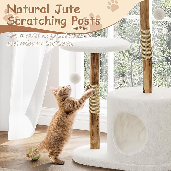 Multi-Level Cat Tree Tower with Bed, Wicker Basket & Condo - Wood Cat Scratching Post Furniture, Natural Pet Climbing Tree Stand for Large Cats