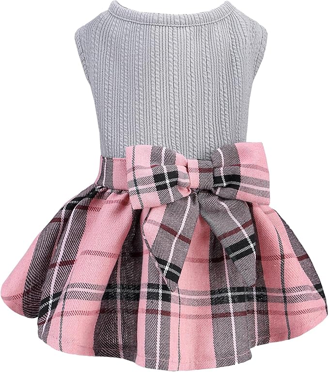 PUPTECK Classic Plaid Dog Dress Pet Apparel with Cute Bowtie Puppy Clothes Outfit,Grey,S