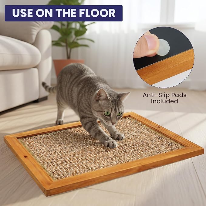 Large Sisal Cats Wall Scratcher, Floor or Wall Mounted Cat Scratching Mat, Durable cat Scratch Pads for Indoor Cats, Framed Sisal Scratch Pad Mat, Wall Cat Scratching Post for Furniture Protector