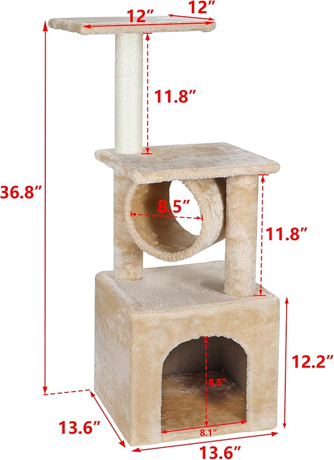 37" Multi-Level Cat Tree Activity Tower Climber Tower Cat House Furniture w/Condos Platform Tunnel Scratching Posts for Kittens