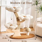 Modern Cat Tree Tower for Indoor Cats Large Adult, 37 inch Flower Cat Tree with Scratching Post, Luxury Aesthetic Cat Tree with Cloud-Soft Flower Perches and Physical Mouse-Sound Hanging Toy