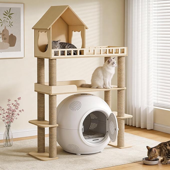Wood Cat Tree for Automatic Litter Box, 60.2 Inch Tall Modern Cat Tree Tower with Litter Box Enclosure, Multi-Level Wooden Cats Tower Furniture with Scratching Posts, Condo House for Indoor Cats