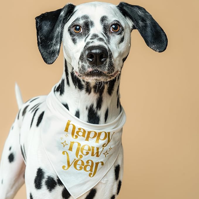 Happy New Year Dog Bandana | 100% Cotton Adjustable Triangle | Made in USA | New Year's Eve | Celebration | Cheers to 2026 |White, X-Small (970)