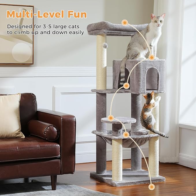 PETEPELA 58" Large Cat Tree for Big Adult Cats up to 25 lbs, Heavy Duty Cat Tower w/Extra-Thick Scratching Posts [φ3.9”], XL Hammock & Spacious Condo, Study Cat Furniture for Maine Coons, Grey