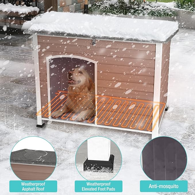 Heated Dog House Outdoor,Anti Bite Iron Frame Dog Kennel with Adjustable Temperature and Time,Insulated Weatherproof Outside Shelter for Feral Animal (Brwon, L)