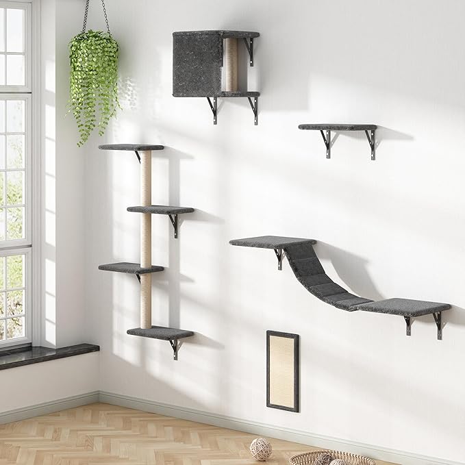 5 Pcs Wooden Indoor Cat Climber - Wall-Mounted Shelves, Perches, Scratching Board, Cat Ladder & Cat Tree - Grey