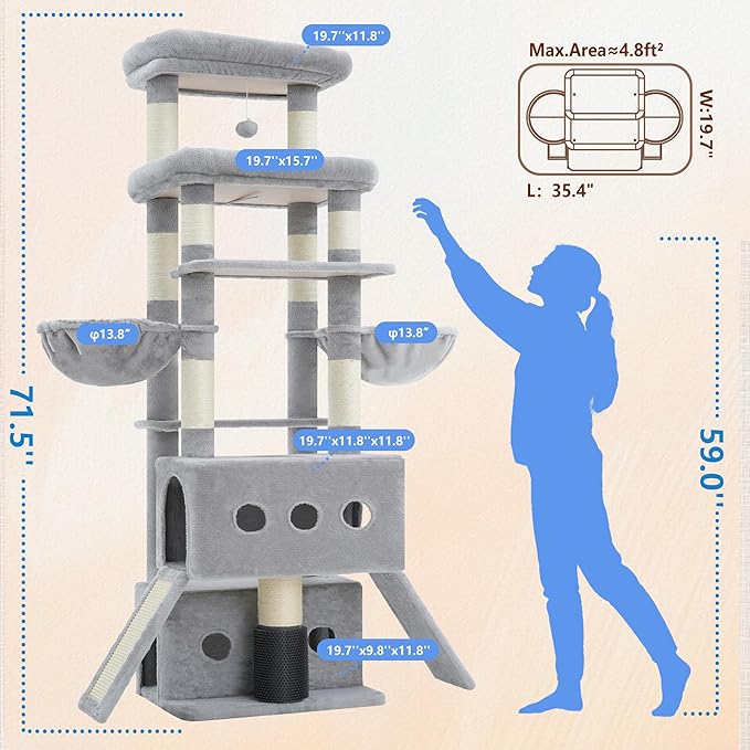 Hey-brother Cat Tree Tower, 71.5 Inches Scratching Posts with Extra Large Platform, 2 Cozy Condos, 2 Hammocks and Scratch Boards, Multi-Level House for Multiple Indoor Cats, Smoky Gray MPJ085W