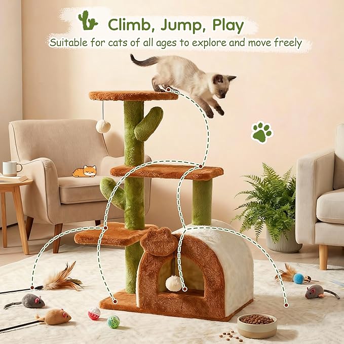 Cactus Cat Tree for Indoor Cats, 27.5'' Small Cat Tower with Cozy Condo, Wide Top Perch Multi-Level Climbing and Lounging Space, Brown