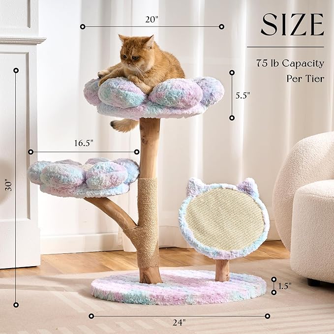 797Audio Natural Wood Flower Cat Tree, Modern Cat Tower with Real Solid Wood Branch, Luxury Aesthetic Cat Tree with Scratching Post, Scratch Pad, Cat Tree Tower for Indoor Large Adult Cats, Sky Blue