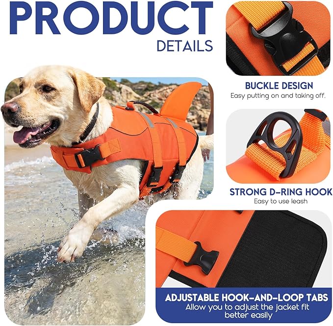 ASENKU Dog Life Jacket - Pet Safety Vest for Swimming & Boating, Shark Life Jacket with Floatation, Dog Lifesavers Swimsuits for Small Medium Large Dogs (OrangeMix, XS)