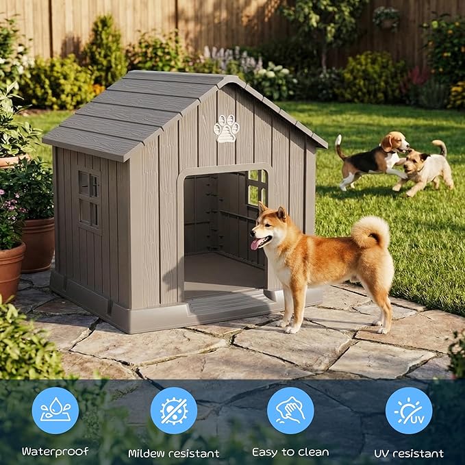 VIXZEN Dog House Outdoor, 31 Inches Weatherproof Resin Dog House Indoor Large with Air Vents & Elevated Floor, Doghouse Outdoor for Large Dogs, Easy Assembly, Versatile Storage Functionality, Grey