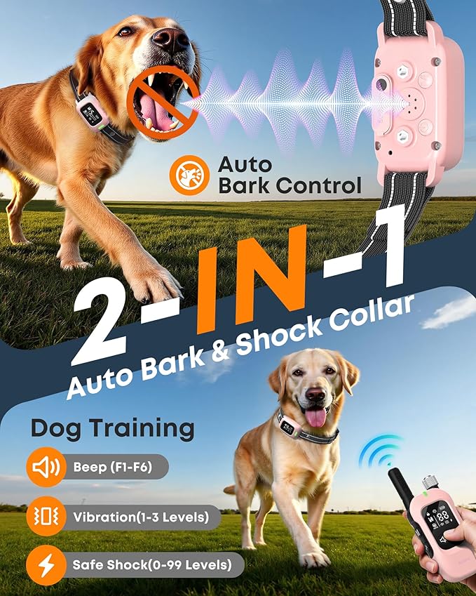 Delupet 2-in-1 Dog Shock & Bark Collar – 4500FT Dog Training Collar with Remote, 3 Training Modes & LED Light, IPX8 Waterproof E Collar with Anti-Barking for Small Medium Large Dog (Pink)