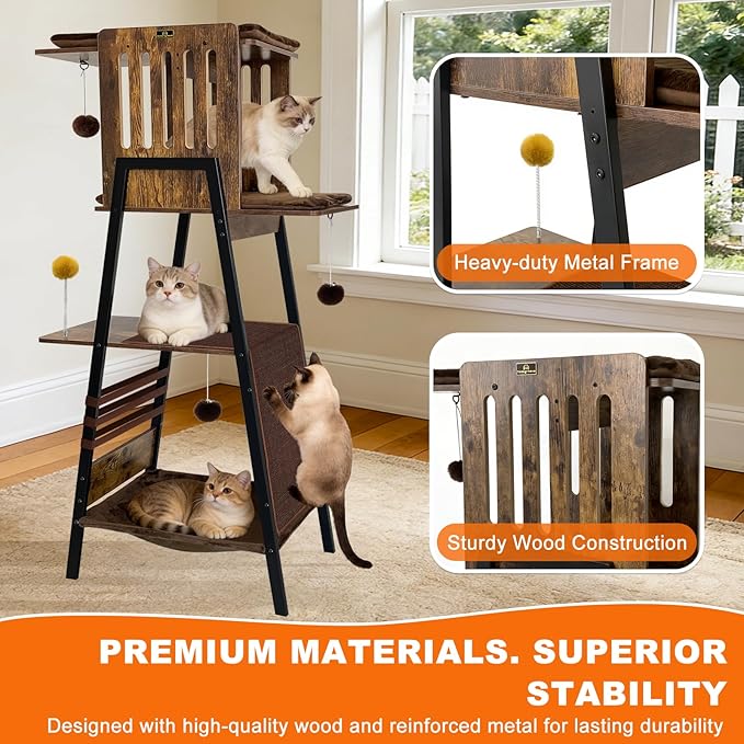 57 Inch Multi-Level Modern Cat Tree Tower with Hammock & Scratching Ramp - Wooden Heavy-Duty Cat Tower for Large Cats & Multi-Cat Households, Easy to Clean (Brown)