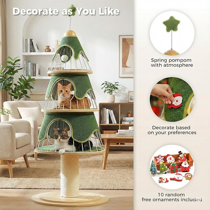 Modern Cat Tree-51.2" Cat Christmas Tree w/Thick Scratch Post(φ5.4in), Wood Cat Tower w/ 3 Condos-Heavy Duty Furniture w/Metal Frame & Replaceable Mat for Indoor Kitty, Green