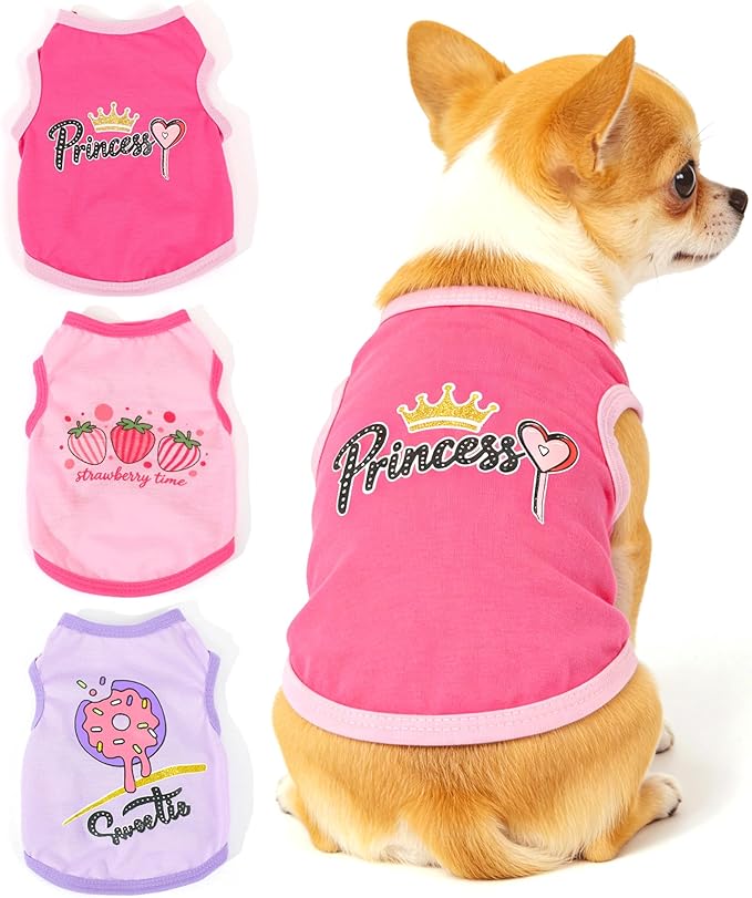 Dog Shirts, 3 Pack Girl Dog Clothes Cute Printed Puppy Clothes Sleeveless Outfits Pet T-Shirts Dog Clothes for Small Dogs Pet Apparel for Summer, Small (Pink,Rose,Purple)