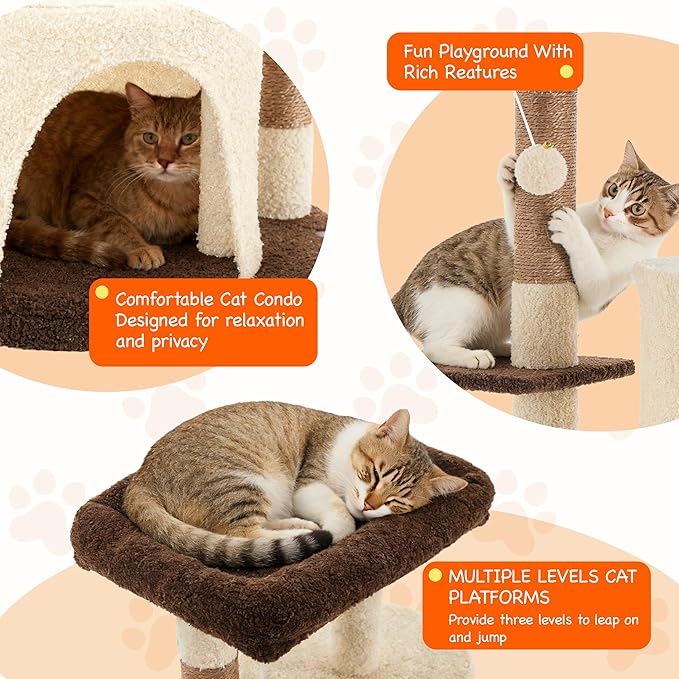 45.3-inch Multi-Level Cat Tree Tower with 3 Soft Platforms & 2 Cat Caves, Fully Wrapped Sisal Scratching Post for Indoor Cats, Dangling Toy, Brown
