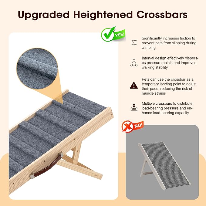 Dog Ramp for Bed, 47.3" Long Wooden Pet Ramp for Small & Large Dogs, 4 Adjustable Heights 13.8" to 26" with Anti-Slip Carpet & Carrying Handle Holds, Portable Dog ramps for Car, Bed, Couch, Outdoor