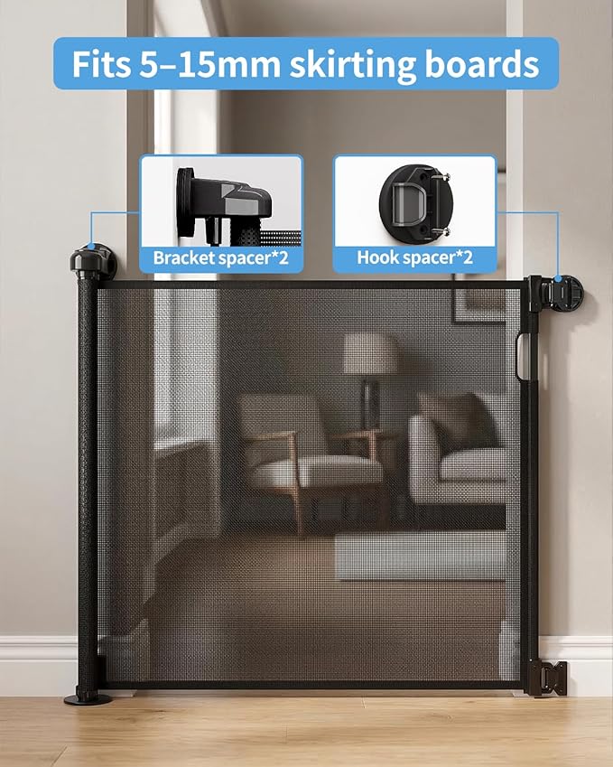 Retractable Baby Gate for Doorways and Stairs, Mesh Safety Gate for Pet, Indoor & Outdoor Use, One-Hand Operation, Easy Installation, 33.6" Tall, Expands to 71" Wide（Black,33.6"x71"）