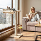 Keaber Cat Window Perch with Scratching Post, 44" Tall Adjustable Sisal Cat Tree for Large Cats Up to 33lbs, Suction Cup Wooden Hammock for Climbing,Bird Watching,Sleeping, Beige,with Washable Cushion