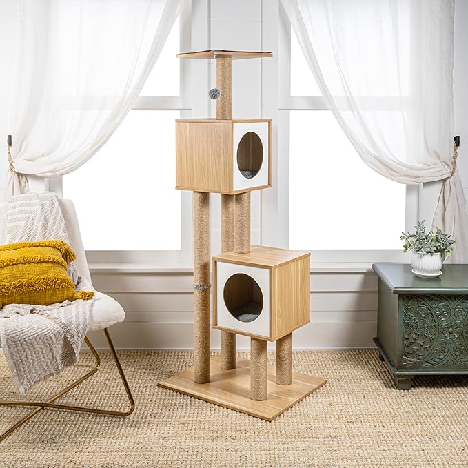 CTR1011A Sawyer 56" 3-Tier Minimalist Jute Cat Tree Condo with Scratching Posts, and Fuzzy Toy, Brown/White
