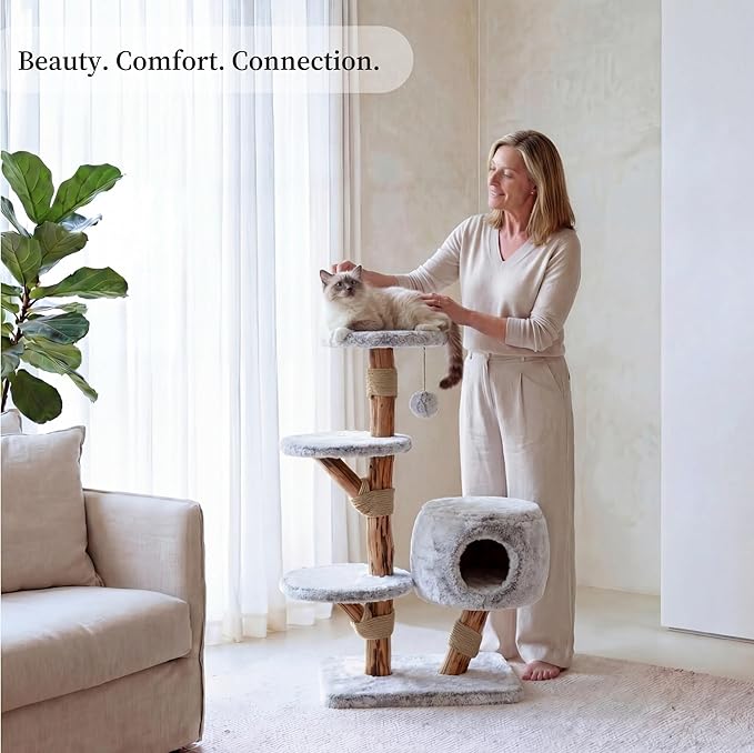 Leo & Lexi Modern Cat Tree Tower with Cave, Real Wood Cat Scratching Post with Bed for Indoor Cats Large Adult, Solid Wooden Climbing Tower, Aesthetic, Luxury Pet Furniture