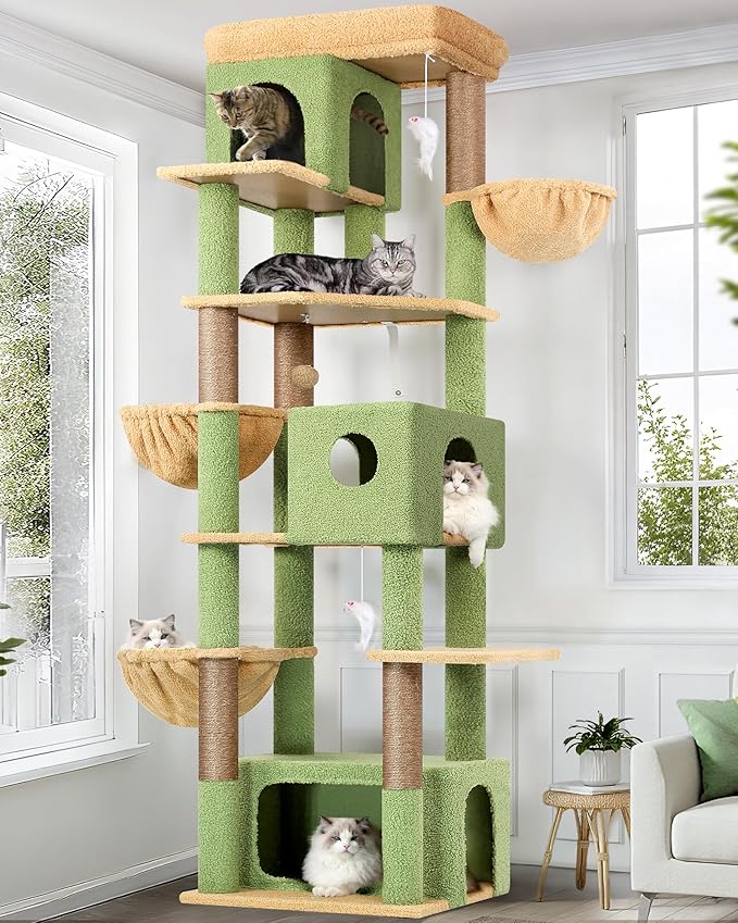 Globlazer Large Cat Tree, 80 inch Multi-Level Cactus Tall Climbing Tower Kitty Condos Cat Scratching Tower for Indoor Multiple Large Adult Cats Kittens with 3 Cat Caves, 3 Hanging Baskets, F80F, Green