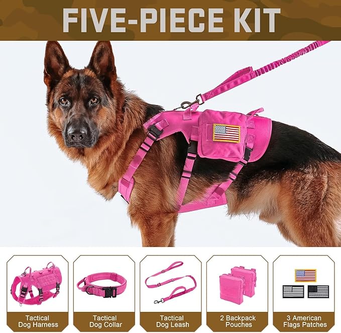 Forestpaw Pink Tactical Dog Harness for Large Dogs,Tactical Dog Collar with Bungee Leash Set,No Pull Military Dog Harness for Walking Training,Adjustable for Medium Large Dogs,Chest 19.5-41.5"