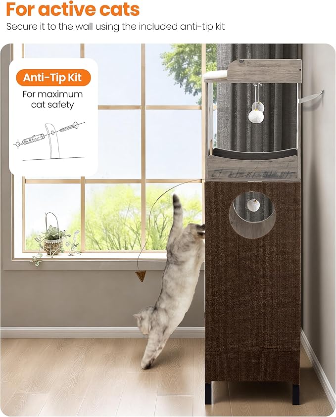 Modern Wood Cat Tree for Indoor Large Cats, 56 Inch Tall Cat Tower with Perch Bed, Multi-Level Trees with 2 Hammock, Cat Condo, Scratching Board, Removable Pads, Cat Furniture, Greige