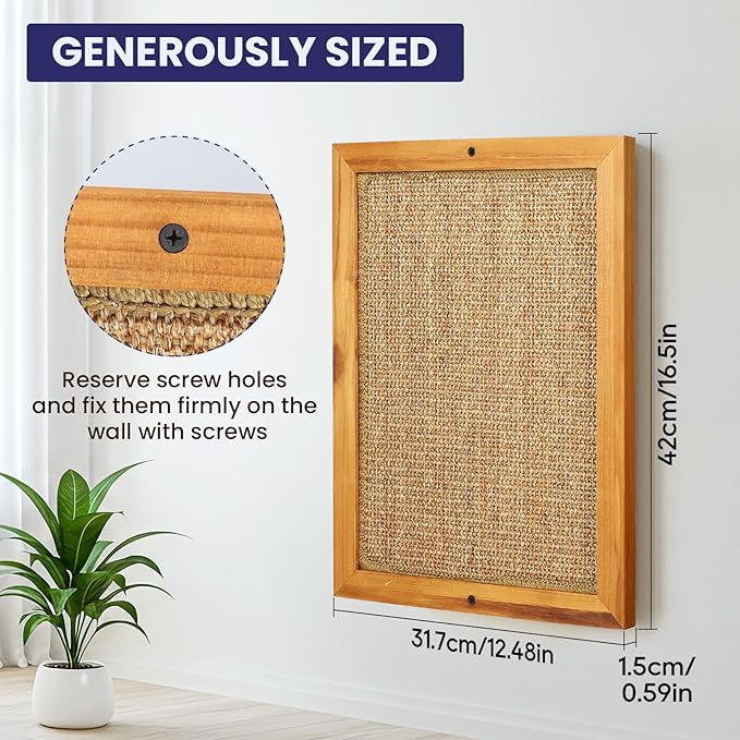 Large Sisal Cats Wall Scratcher, Floor or Wall Mounted Cat Scratching Mat, Durable cat Scratch Pads for Indoor Cats, Framed Sisal Scratch Pad Mat, Wall Cat Scratching Post for Furniture Protector