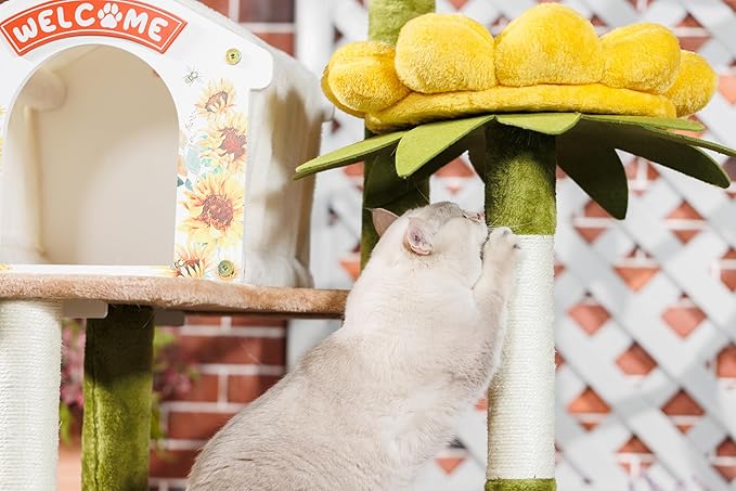 HYABi 62.4 Inch Tall Flower Cat Tree Tower Condo Climbing for Indoor Cats Multi Level with Sisal Scratching Post Hammocks Pet House Play Home Furniture Platform