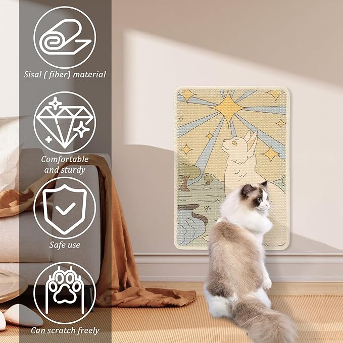 Sisal Cat Scratcher Mat, Durable and Shedding Resistant Cat Scratching Pad with Pattern, 19.69x13.78 Inch Anti Scratch Furniture Protector for Wall Couch Carpet (Yellow)