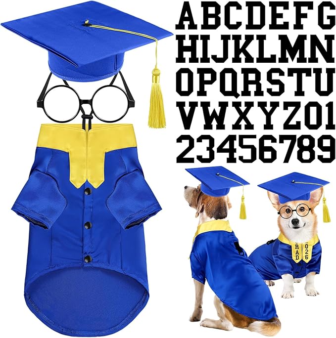 5 Pcs Dog Graduation Costume Set Include 2026 Pet Graduation Gown with Stole Puppy Grad Cap Lensless Glasses DIY Letter Stickers for Dogs Cats Holiday Costume Accessory(Blue Yellow,L)
