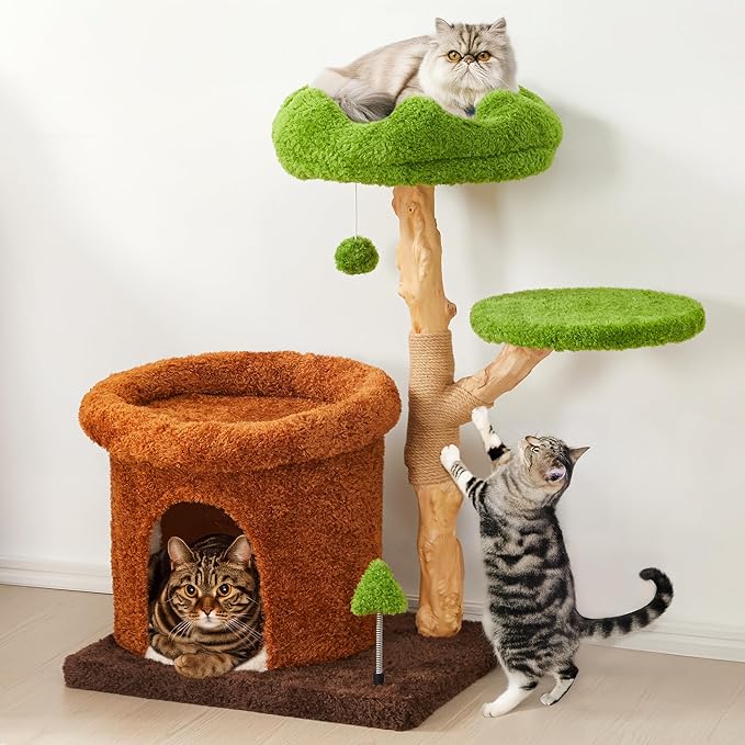 32-Inch Multi-Level Cat Tree Tower, Natural Wood Cat Furniture with Sisal Scratching Posts, Beds & Condo, Cute Cat Tree for Indoor Cats and Multi-Cat Households