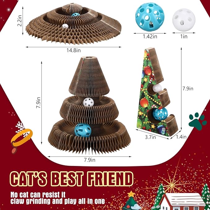 Soulchen Christmas Tree Magic Organ Cat Scratching Board, Combinable Cat Toy, Interactive Cardboard Kitty Scratcher with Bell Ball, Durable Foldable Accordion Scratch Pad, Exercise for Indoor