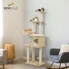 64” Wooden Cat Tree Tower for Indoor Large Cats & Kittens, Modern Tall Cat Climbing Tree w/Cave Condo, Scratching Posts, Hammock, Multi-Level Cat Tower w/Interactive Toy & Detachable Cushion